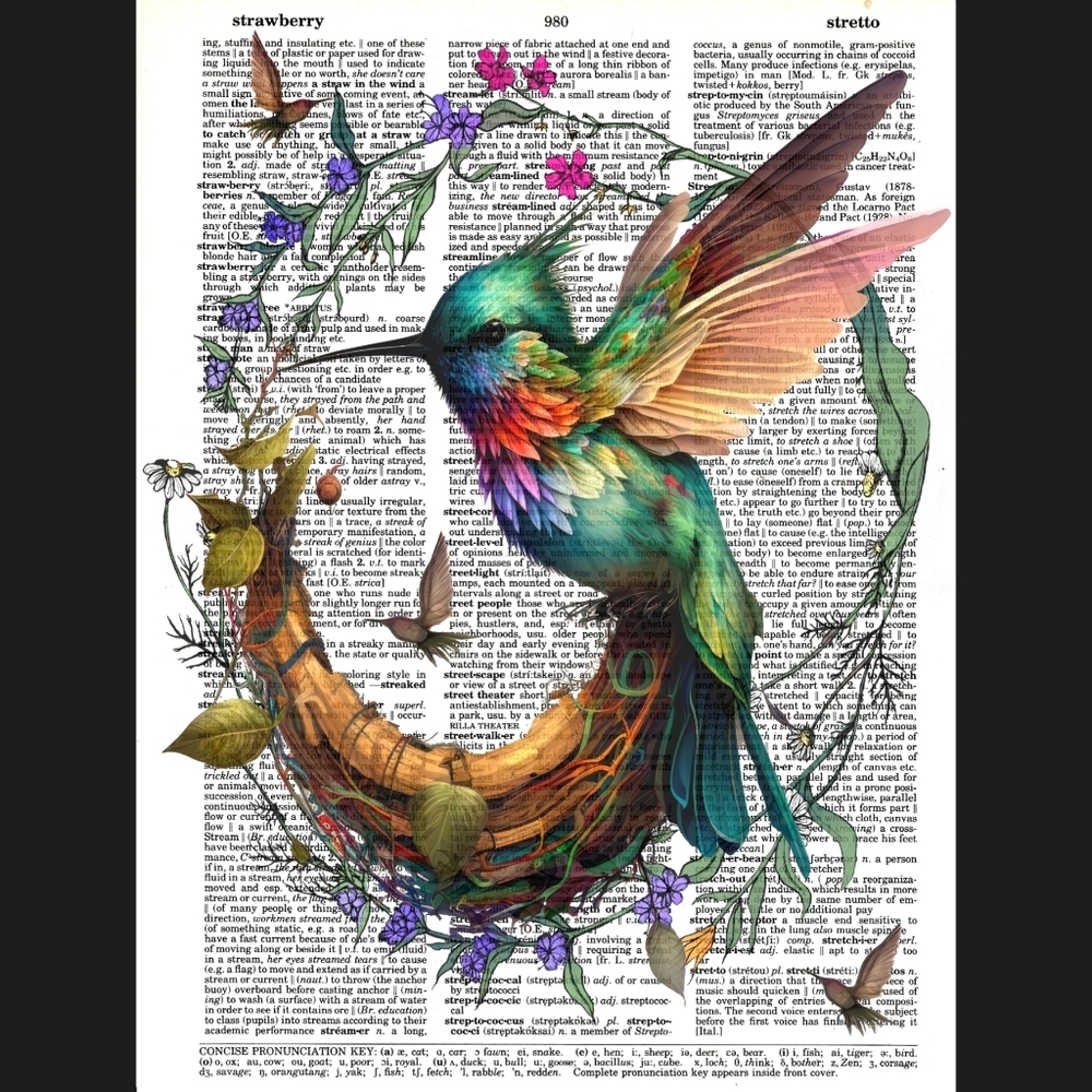 Hummingbird Family Nature Garden Flower Vintage Dictionary Art Print